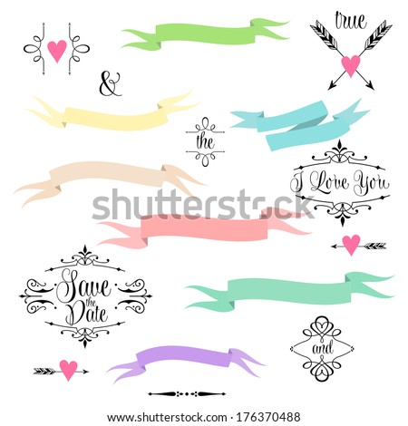 Wedding graphic set, wreath, flowers, arrows, hearts, laurel, ribbons and labels.   
