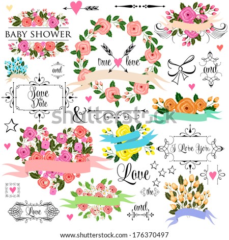 Wedding graphic set, wreath, flowers, arrows, hearts, laurel, ribbons and labels.   