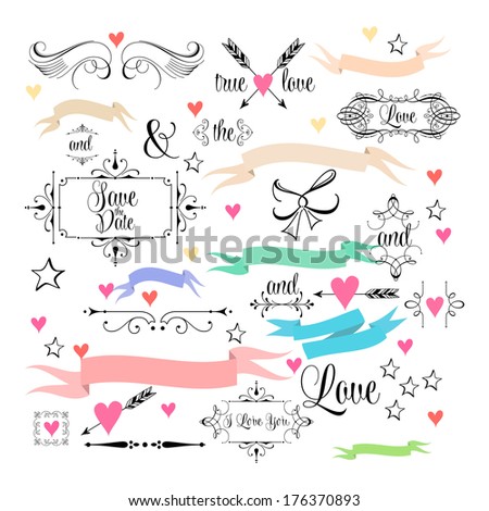 Wedding graphic set, arrows, hearts, laurel, wreaths, ribbons and labels.  