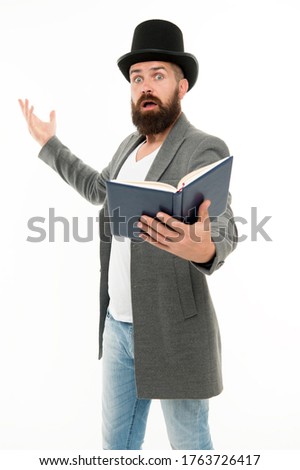 Recite verses. Poet or writer. Author of novel. Inspired bearded man read book. Poetry reading. Book presentation. Literature teacher. Books shop. Guy classic outfit read book. Literary criticism. Royalty-Free Stock Photo #1763726417