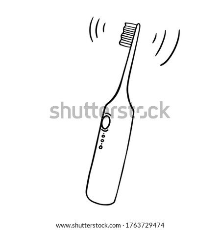Freehand drawn black and white cartoon electric tooth brush. Individual accessories for brushing teeth. Vector isolated template doodle realistic drawing. For cards, posters, decor it can be used as a
