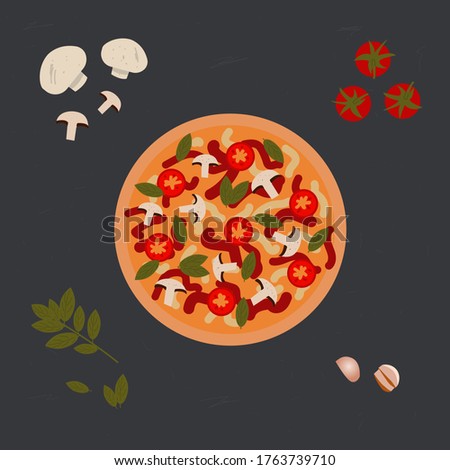 A whole pizza with ingredients on a gray background. Mushrooms, tomatoes, garlic, Basil.