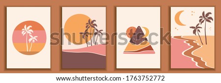 Abstract landscape poster collection. Set of contemporary art print templates. Nature backgrounds for your social media. Sunset and sunrize, beach and palms illustration. Royalty-Free Stock Photo #1763752772