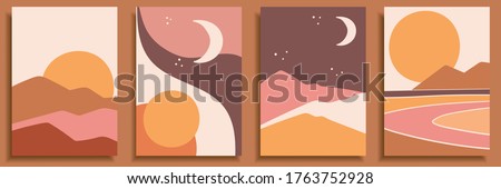 Abstract landscape poster collection. Set of contemporary art print templates. Nature backgrounds for your social media. Sun and moon, sea, mountains bundle. Royalty-Free Stock Photo #1763752928