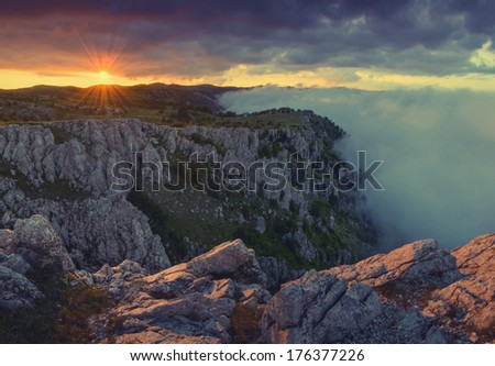 Vintage picture. Beautiful sunset in the Crimea mountains