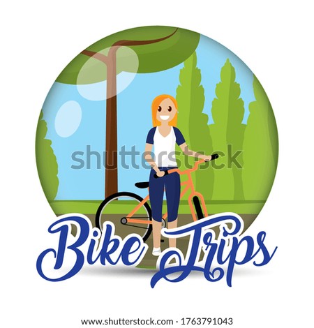Woman in a bike over a natural landscape. Bike trips - Vector