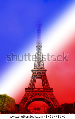 Eiffel Tower with blue, white, and red French Flag background 