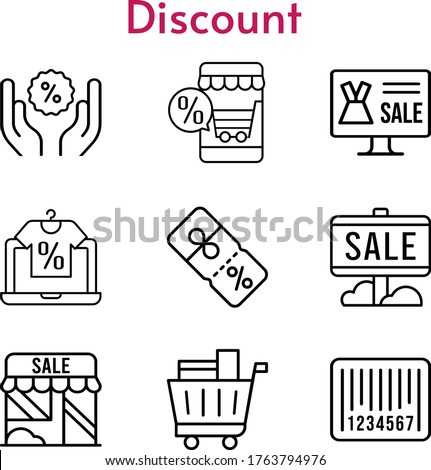 discount set. included online shop, sale, shop, shopping cart, discount, barcode icons. linear styles.