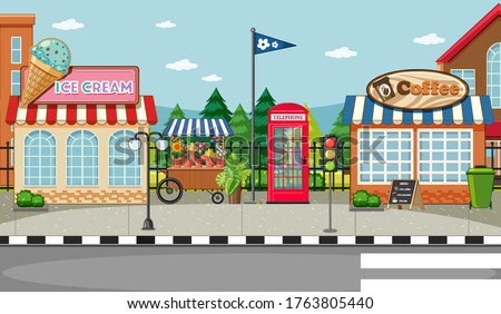 Street side scene with ice cream shop and coffee shop scene illustration
