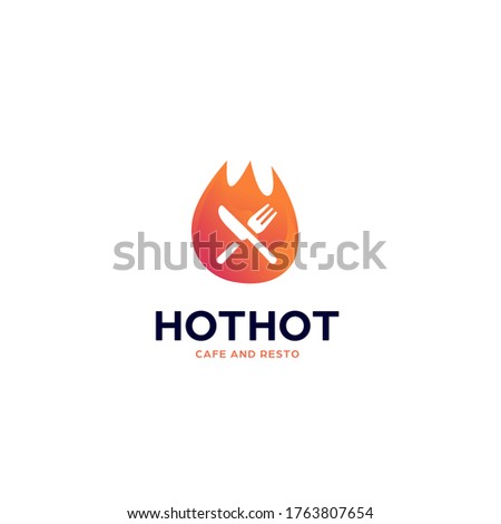 Hot spicy grill cuisine food restaurant logo with burn flame fire fork and knife