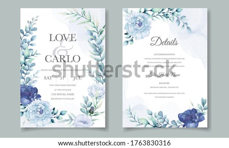 Wedding invitation card with blue watercolor floral