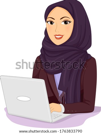Illustration of a Girl Wearing Hijab and Business Attire Using Laptop