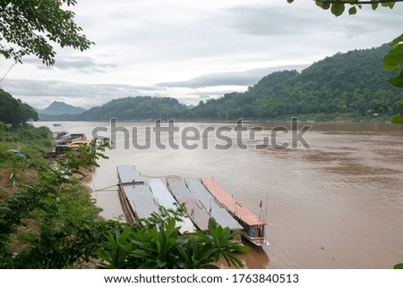 Boats on Mekong River at Luang Prabang Laos, Sep 2019.