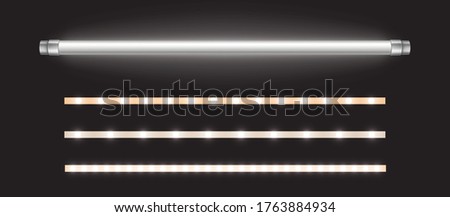 Tube lamp and led strips, long luminescence fluorescent energy saving bulb of daytime scattered light, artificial lighting for office. Halogen elements glowing lines, Realistic 3d vector illustration Royalty-Free Stock Photo #1763884934