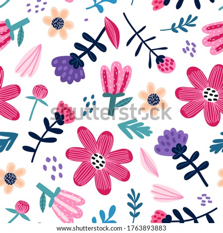Childish seamless pattern with flowers , berries and butterfly. Perfect for kids fabric, textile, nursery wallpaper. Vector Illustration.