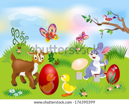 Illustration of an Easter Bunny painting an egg