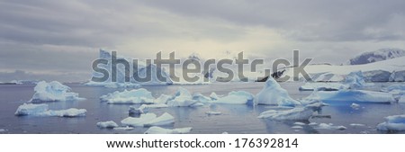 Panoramic view of glaciers and icebergs in Paradise Harbor, Antarctica