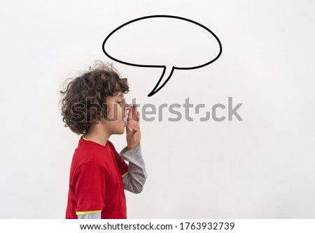 Kid talking with speech bubble on white background.