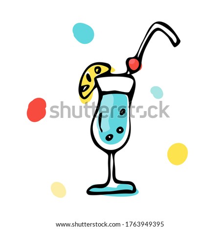 Summer cool drink, cocktail party doodle with lemon. Isolated and hand drawn cartoon illustration. For digital design, banners, postcards, prints, decor. Creative food and beverage backdrop.