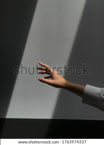 A woman's hand against a gray wall is reaching for the rays of light that fall in the center of the photograph. Shadows draw clear lines on the sides of the picture. Art picture of a woman’s hand.