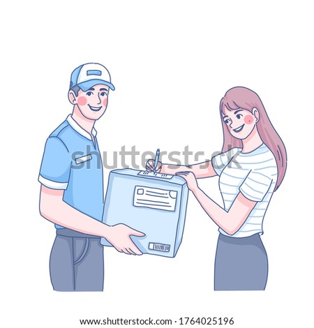 Delivery man send order to customer design of vector. Cartoon illustration.