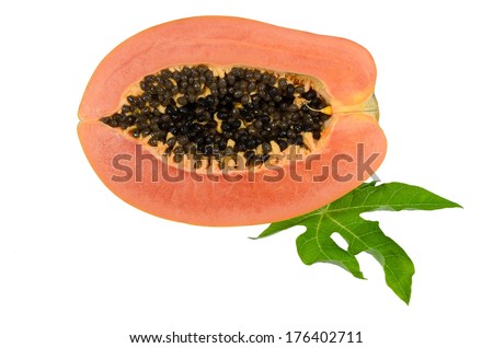 Sweet papaya on isolate with green papaya leaf.
