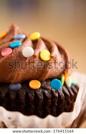 Chocolate Cupcake - This is a shot of a delicious cupcake covered in sprinkles sitting on a wooden table top. Shot with a shallow depth of field.