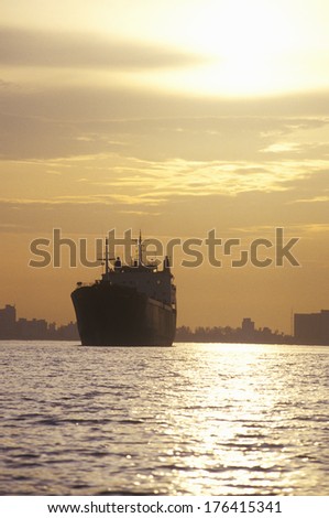 A freighter at sunset in Miami, Florida