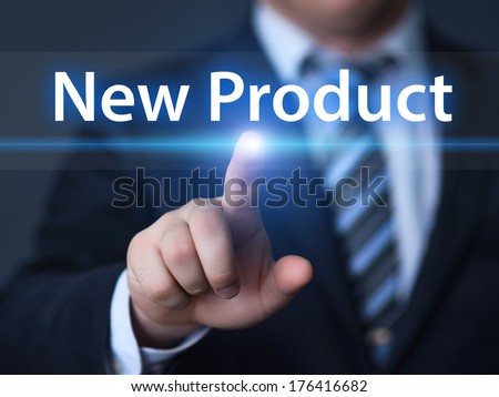 business, technology, internet and networking concept - businessman pressing new product button on virtual screens