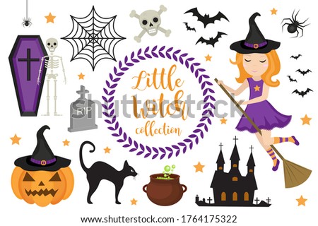 Cute little witch halloween set objects. Collection design element with pumpkin, witch hat, spider, skull, coffin, bat. Kids baby clip art funny smiling character. iillustration.