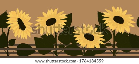 Seamless border with yellow sunflowers and green leaves on a brown background with lines.