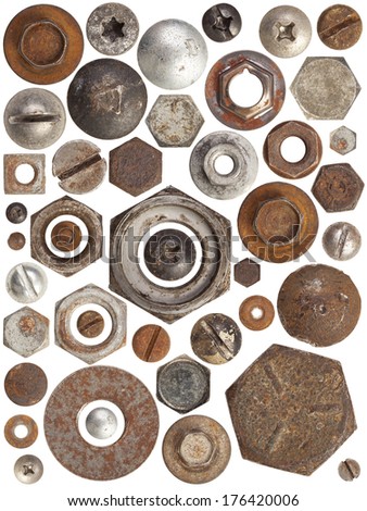 A huge collection of rusty bolts, screws, and nuts on a white background. Excellent for adding texture and extra details to your designs. Royalty-Free Stock Photo #176420006