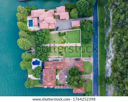 straight down mansion homes Mount Bonnell amazing landscape views of the Colorado River and Austin Texas Hill Country 