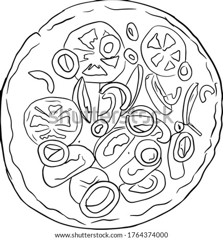 Outline sketch of pizza with tomatoes and onion in doodle style. Vector illustration