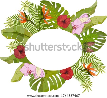 Bouquet of exotic flowers and leaves.Vector color composition of tropical flowers and leaves.