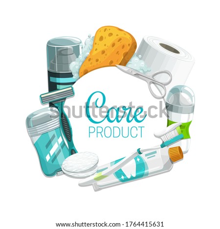 Hygiene or personal care vector products. Toothbrush, toothpaste, soap and sponge, toilet paper, deodorant, shaving foam and razor, cotton pads, manicure scissors and antiperspirant, toiletries design