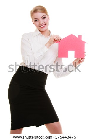 Woman real estate agent holding red paper house. Property business and accommodation or loan concept  isolated on white background