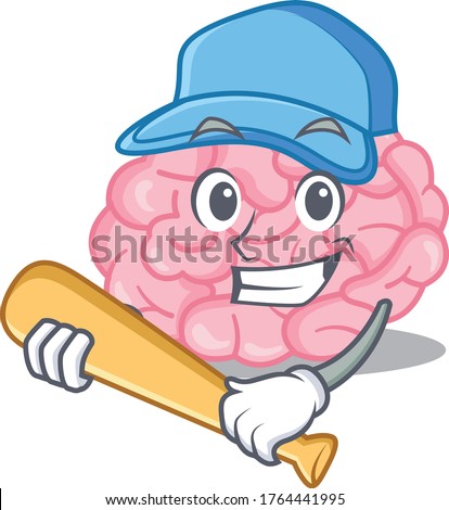 Picture of human brain cartoon character playing baseball