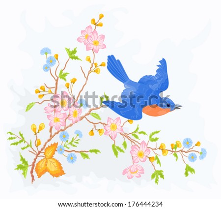 Little bird in flight in a flower bush vector illustration