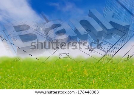 Background with blue sky, green land, blueprint of a house and bank sign