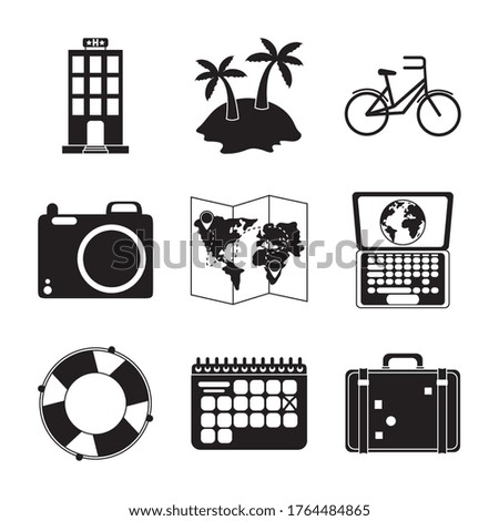 summer travel and vacation in silhouette style isolated icons set vector illustration