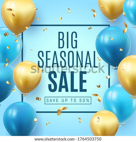 Big Seasonal Final sale text, special offer blue banner celebrate background with gold foil and blue air balloons. Realistic vector stock design for shop and sale banners, grand opening, party flyer.