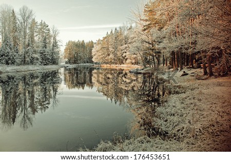 Calm lake environment in winter, textured conceptual image