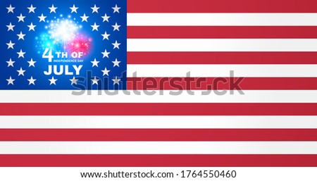 4th of July. US Independence Day. USA celebration. Patriotic holiday design. Fireworks with a invitation inscription in the center of the blue part of the American flag with stars. Vector illustration