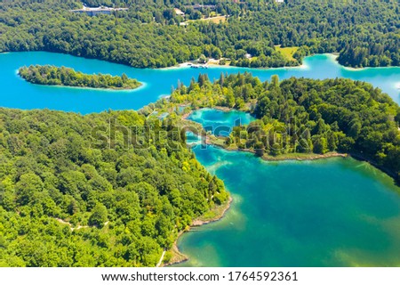 Aerial view of the Plitvice Lakes National Park, Croatia Royalty-Free Stock Photo #1764592361