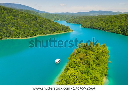 Aerial view of the Kozjak lake with the boat, Plitvice Lakes National Park, Croatia Royalty-Free Stock Photo #1764592664