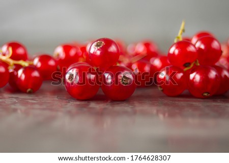 Red currants scattered over a gray texture background