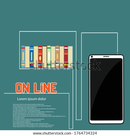 Bookshelve with books and smartphone blank screen. Online digital library. Modern concept for web banners, web sites.  Vector illustration. Distance education concept.