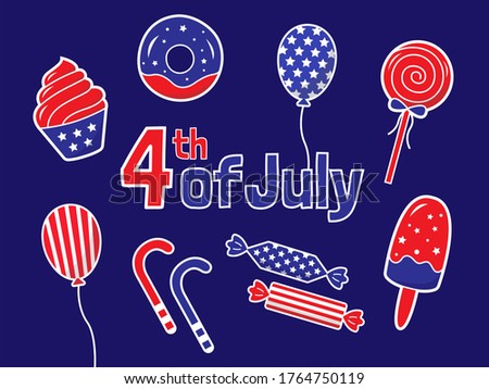 American Independence Day 4th of July. Cute vector design elements collection. Flat illustration set of cupcake, donut, candies, balloons, ice cream, lollipops.