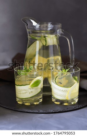 Summer cool drink. Cold drink with ice. Lemon juice with mint and cucumber. 